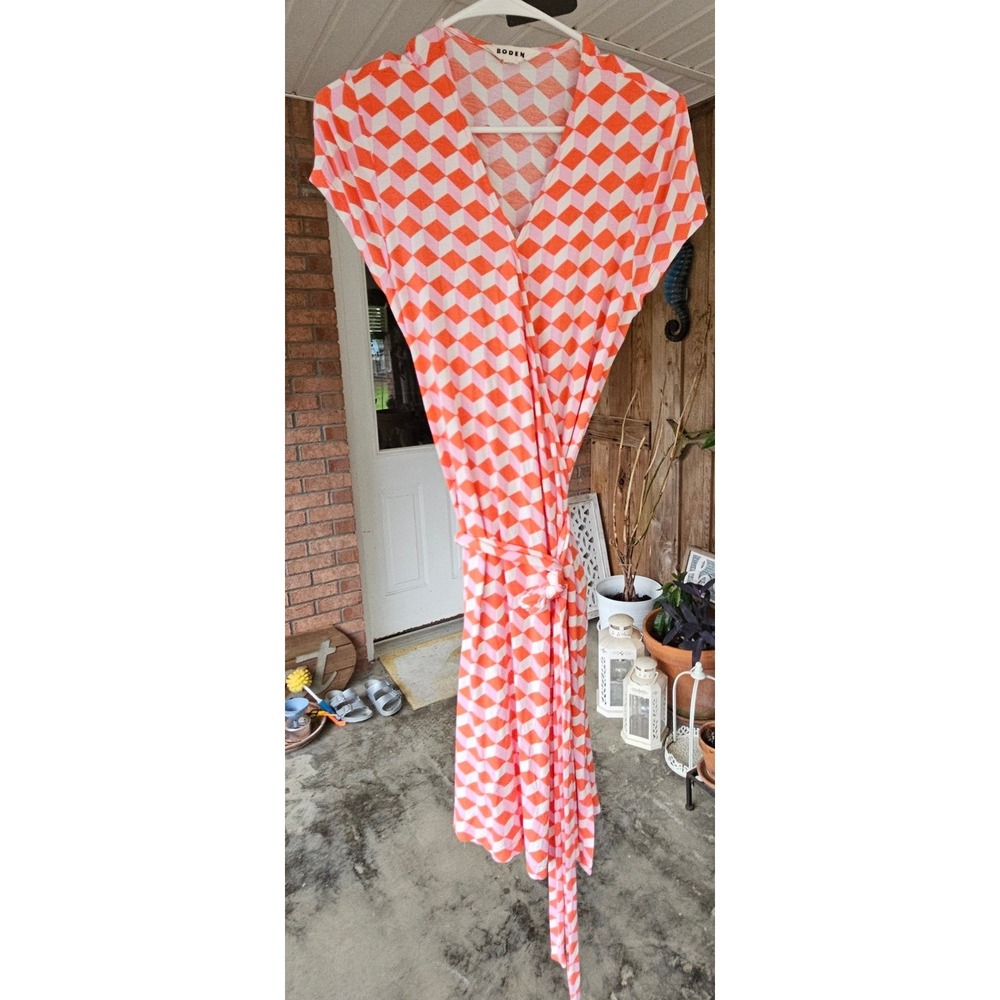 Boden Minimalist Red Pink Geometric Print Jersey Wrap Midi Dress US 12R UK 16R